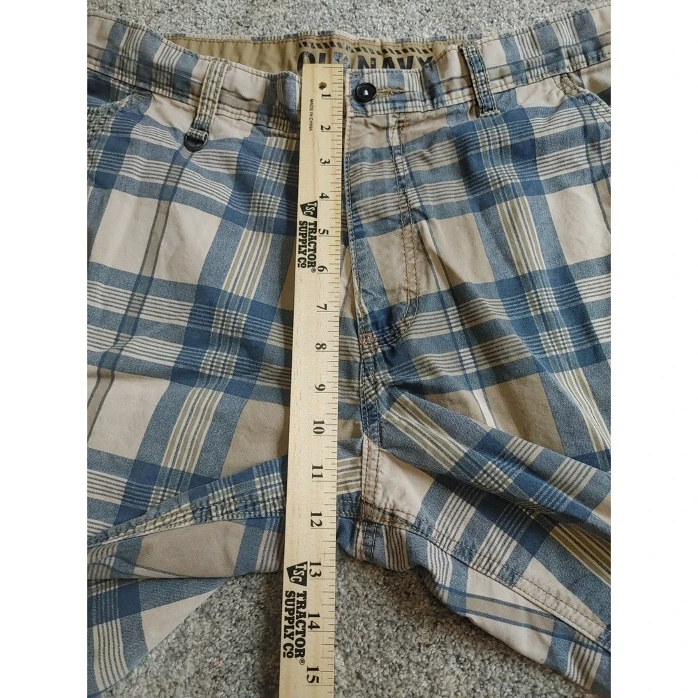 Old Navy Y2K Plaid Chino Shorts Men's 33 Summer Flat Front Blue Beige Stripes